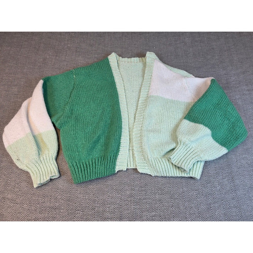 SHEIN Womens Green Colorblock Chunky Knit Cardigan Balloon Sleeve Sweater Size M